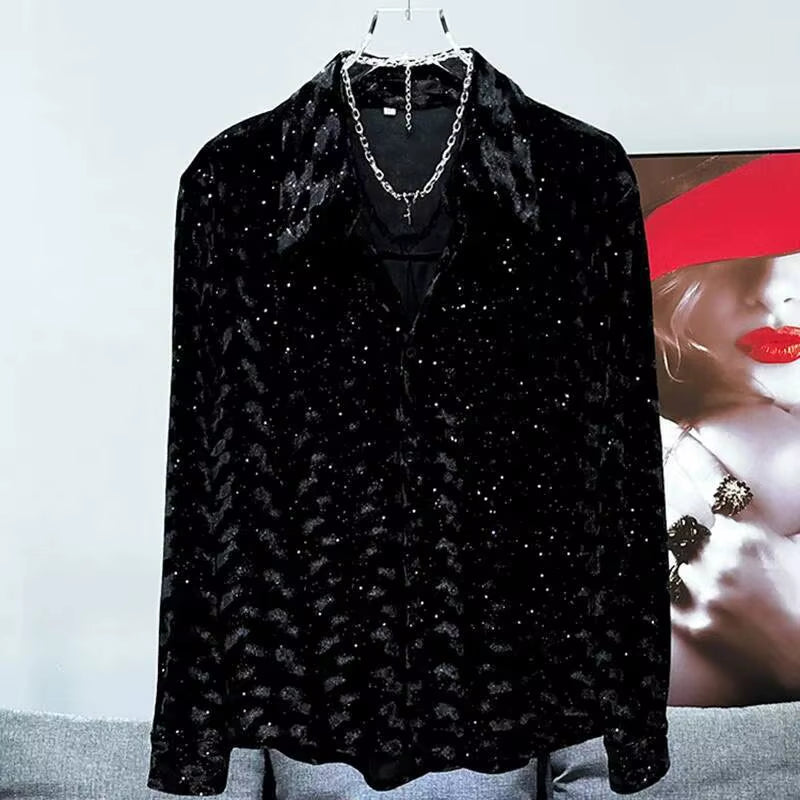 Men'S Shirt Autumn Winter New Fashion Velvet Design Trendy Versatile 2024 Solid Color Turn-Down Collar Tops 21Z6683