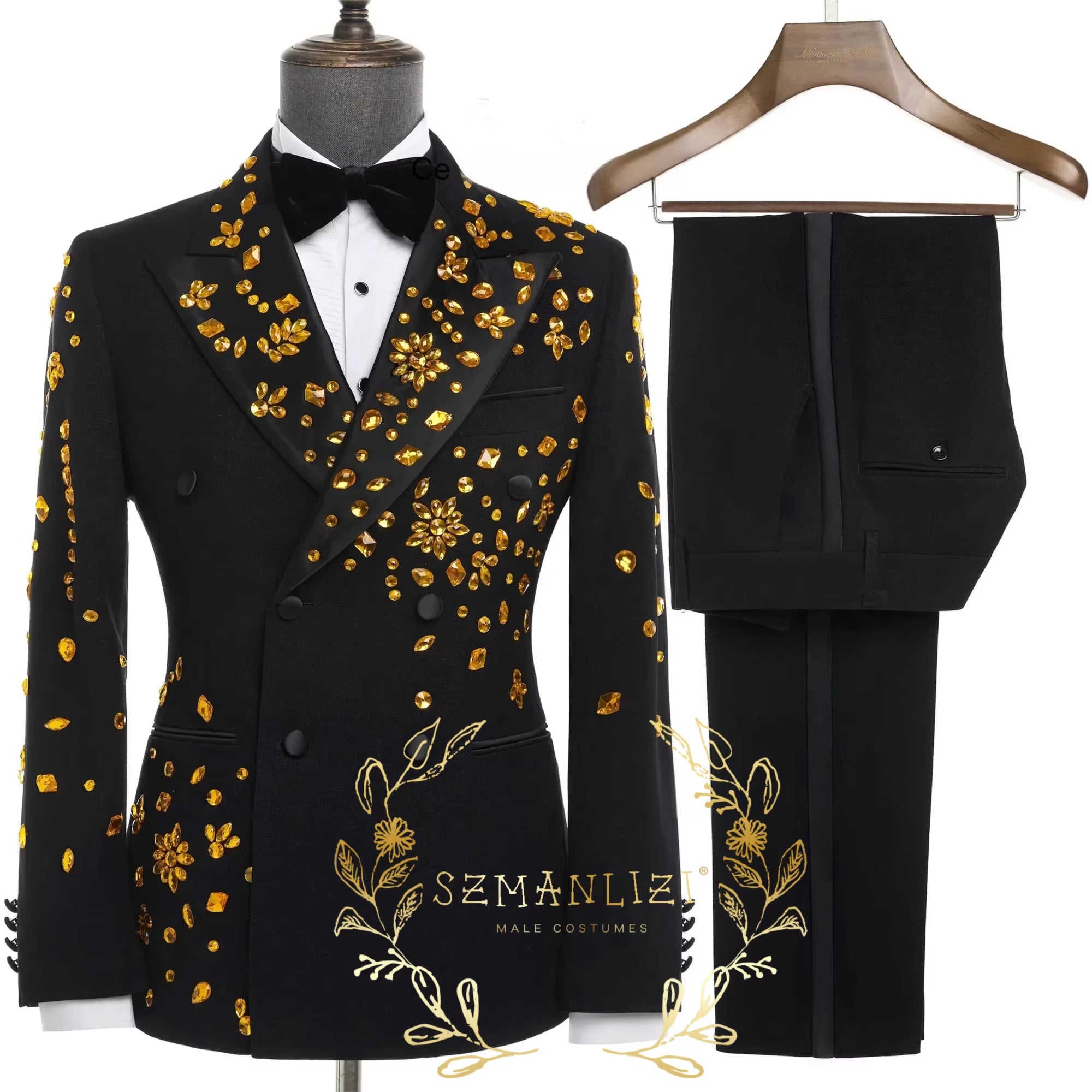 Luxury Gold Crystal 2 Pieces Men'S Suits Double Breasted Black Suits Tuxedo Blazer for Wedding Groom Business Dinner Party Suits