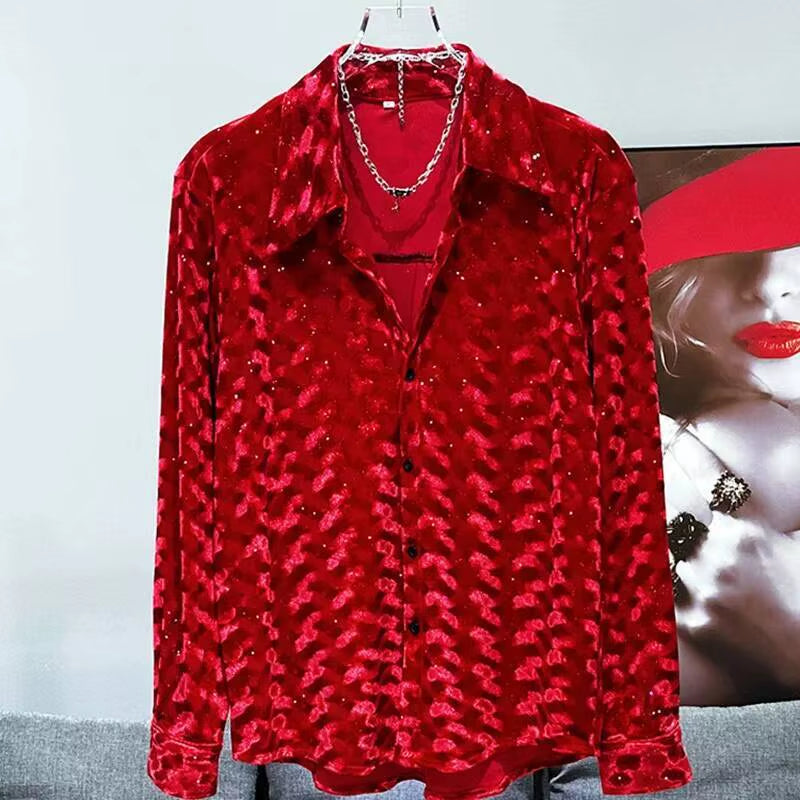 Men'S Shirt Autumn Winter New Fashion Velvet Design Trendy Versatile 2024 Solid Color Turn-Down Collar Tops 21Z6683