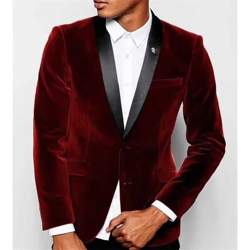 1 Piece Luxury Burgundy Velvet Men'S Suits Single Breasted Black Shawl Lapel Slim Fit Blazer Formal Wedding Groom Jacket Outfit