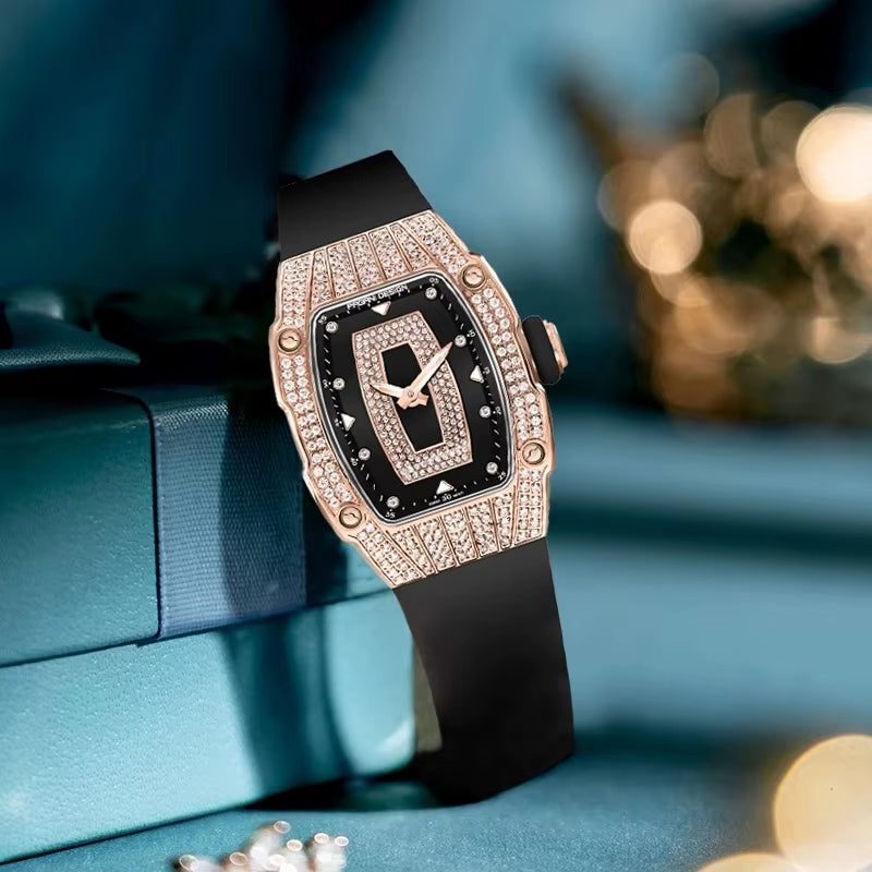 Luxury Women Fashion Tonneau Quartz Watch Swiss Ronda Movt Diamond Studded Ladies Elegant Wristwatch Montre Femme
