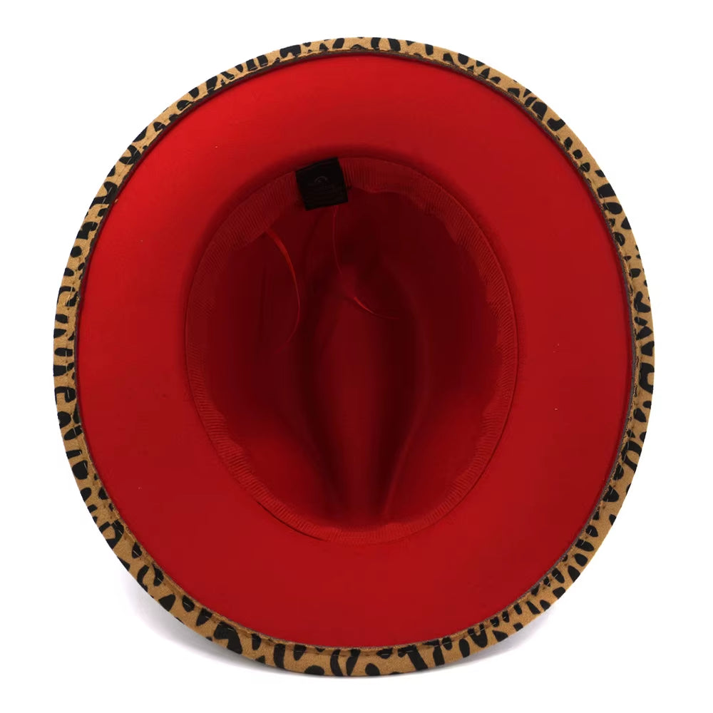 Wide Brim Leopard Print with Red Bottom Fedora Faux Wool Felt Hat Women Men Party Trilby Jazz Church Hats Patchwork Panama Cap