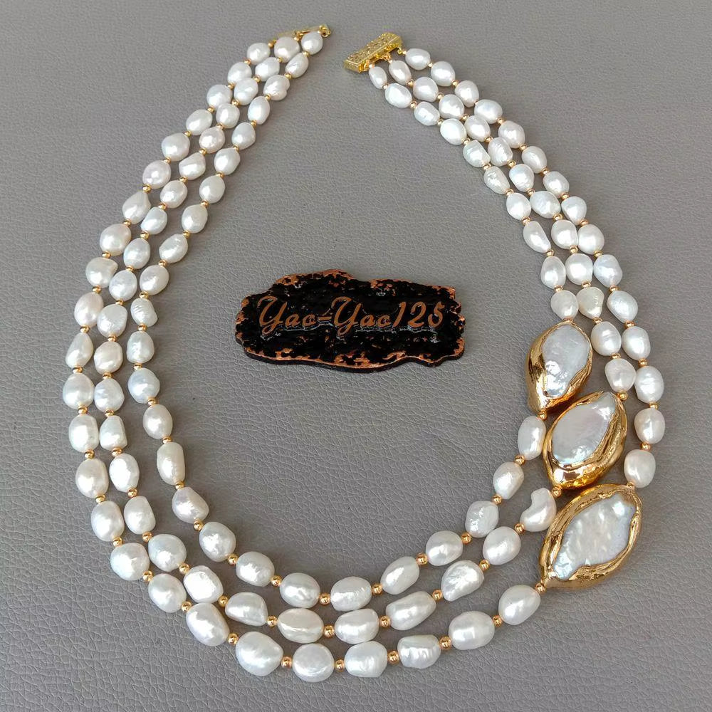 Y·YING 20" 3 Rows Cultured Baroque Pearl Necklace Keshi Pearl Gold Color Plated Connector Chokers Luxury Wedding for Women