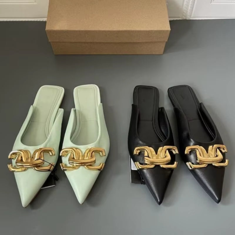 2024 New Summer Women Flat Slippers Fashion Metal Chain Pointed Toe Sandals Casual Shoes outside Slippers Women Slides Women