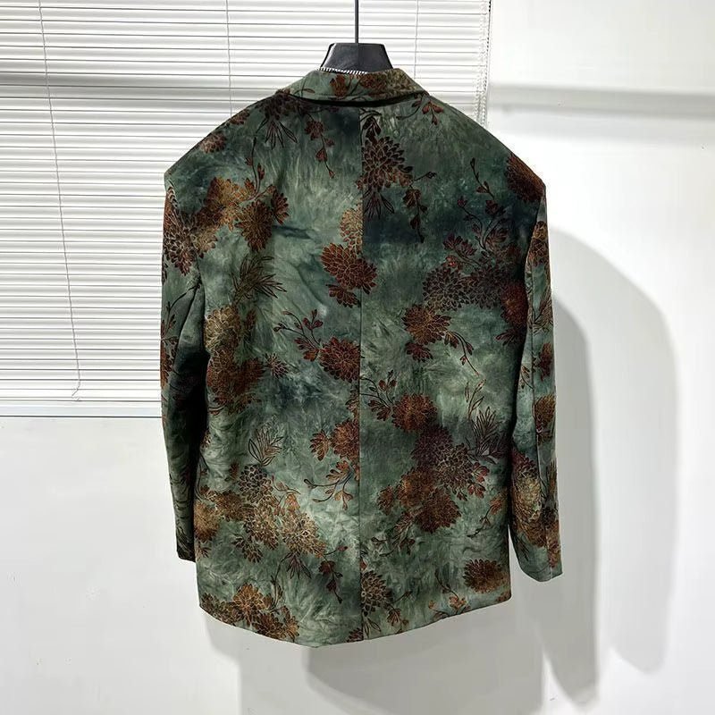 Gmiixder Vintage Flower Blazer Jacket Dark Autumn Top Retro Irregular Printed Suit Jacket Korean High-End Handsome Men'S Coat