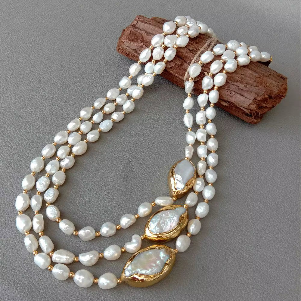 Y·YING 20" 3 Rows Cultured Baroque Pearl Necklace Keshi Pearl Gold Color Plated Connector Chokers Luxury Wedding for Women