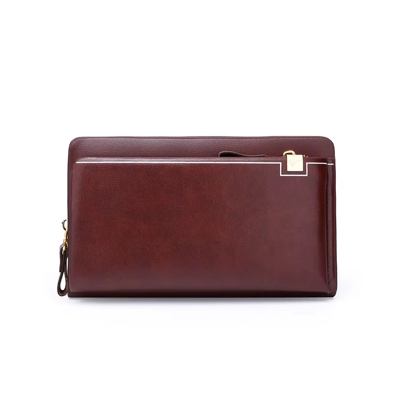 Luxury Brand Men Clutch Bag Leather Long Purse Double Zipper Business Wallet for Husband Gift Black Brown Male Casual Handy Bag