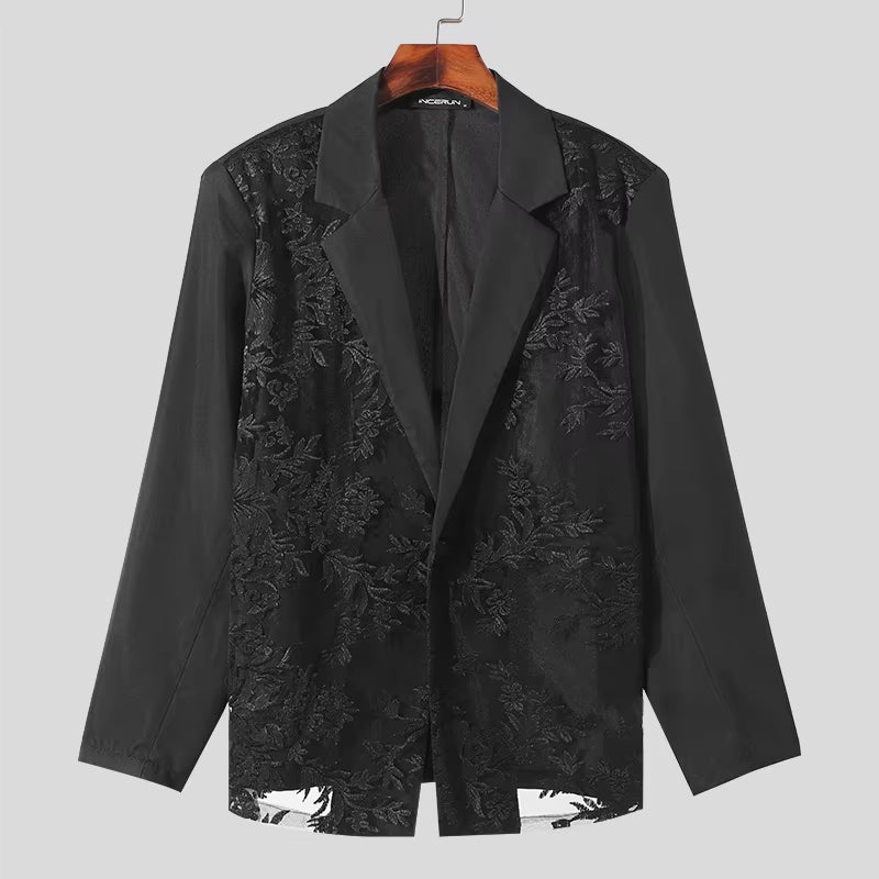 Men Blazer Mesh Patchwork Lace Transparent Lapel Long Sleeve Casual Suits Men Streetwear 2024 One Button Fashion Coats