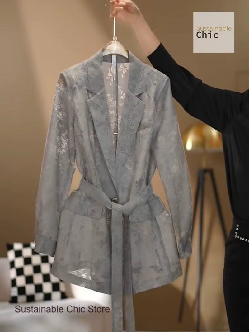 French Grey Embroidered Temperament Suit Female Summer New Fashion High-End Design Wide-Leg Pants Fashion Suit Two-Piece Female