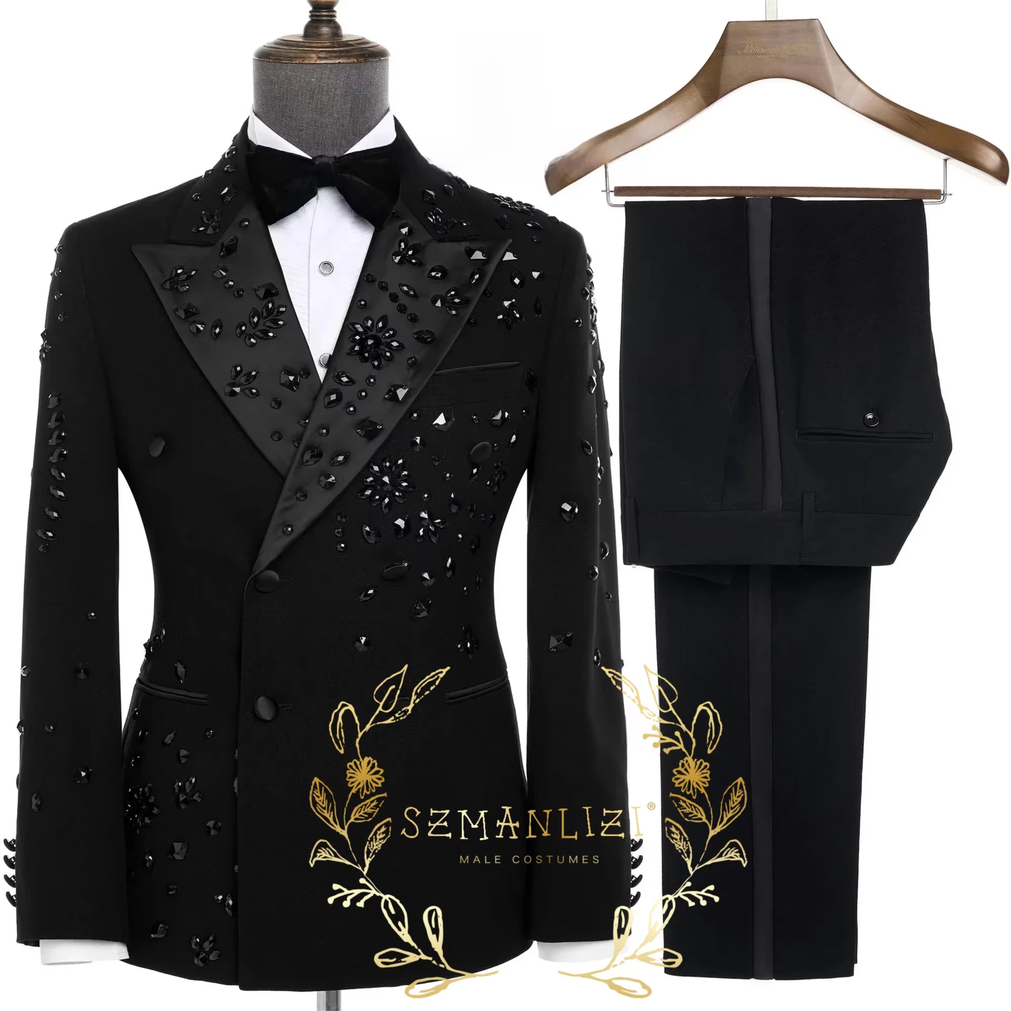 Luxury Gold Crystal 2 Pieces Men'S Suits Double Breasted Black Suits Tuxedo Blazer for Wedding Groom Business Dinner Party Suits