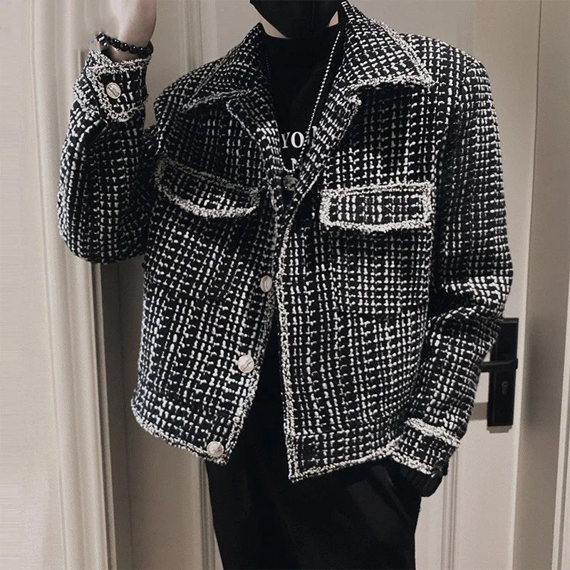 Men'S Plaid Patterned Jacket with Single Breasted Design Turn down Collar Casual Trend Style for Spring and Autumn Wear