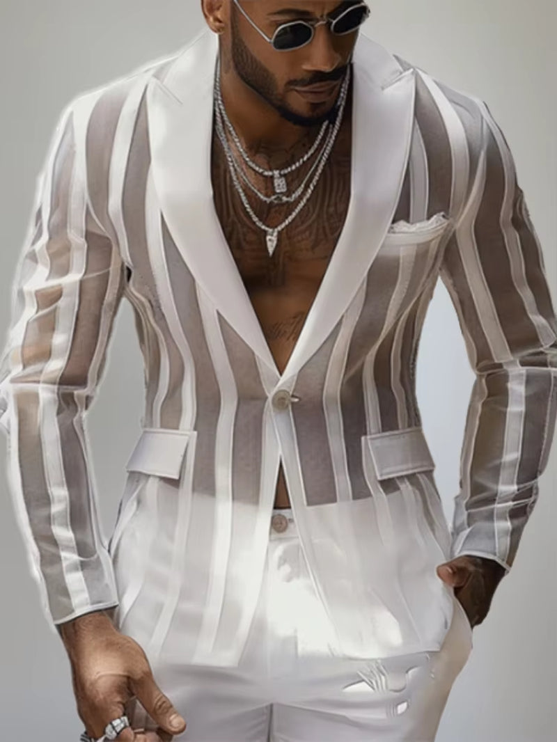 Handsome New Men'S Tops 2025 See-Through Striped Suit Coats Fashionable Male Hot Selling Long Sleeve Blazer Black White Red